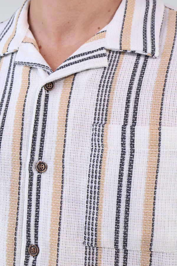 Camisa Estilo Resort De Algodón Manga Corta Estampado Vertical Para Hombre